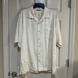 Tommy Bahama Mens Silk Blend Bamboo Jacquard Hula Girl Camp Shirt Cream Large